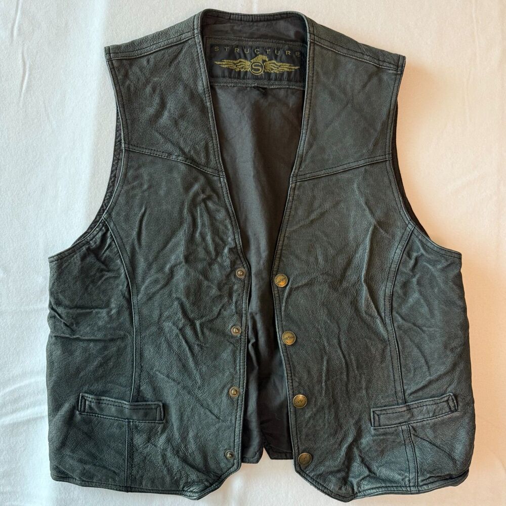 Structure Vintage Black Leather Biker Vest Men's Size M Snap Front Wing Logo